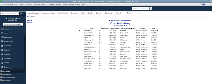 Fixed Asset Listing